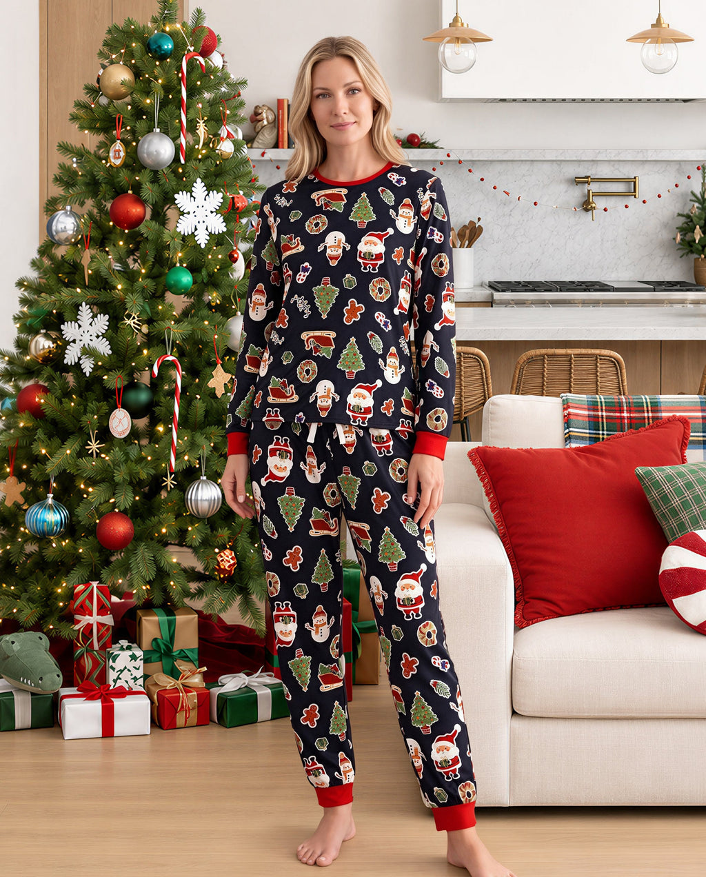 PatPat Family Matching Christmas Pajamas Christmas Tree & Gingerbread Print Black