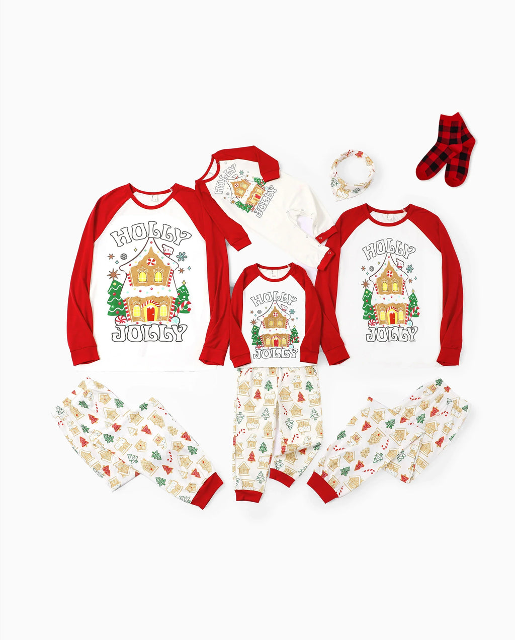 PatPat Matching Family Christmas Pajamas Gingerbread House & Christmas Tree Print Red