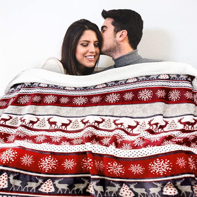 PAVILIA Premium Christmas Sherpa Throw Blanket | Christmas Decoration Reindeers, Fleece, Plush, Warm, Cozy Reversible Microfiber Holiday Blanket 50 x 60