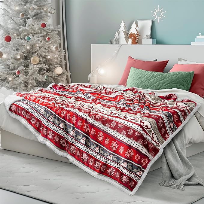 PAVILIA Premium Christmas Sherpa Throw Blanket | Christmas Decoration Reindeers, Fleece, Plush, Warm, Cozy Reversible Microfiber Holiday Blanket 60x80