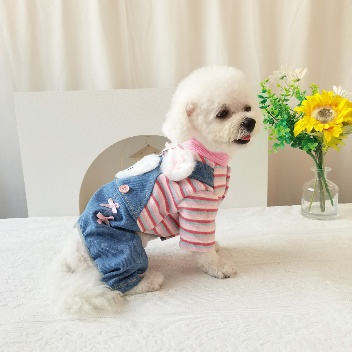 Fleece Sweet Heart Striped Denim Dog Jumpsuits