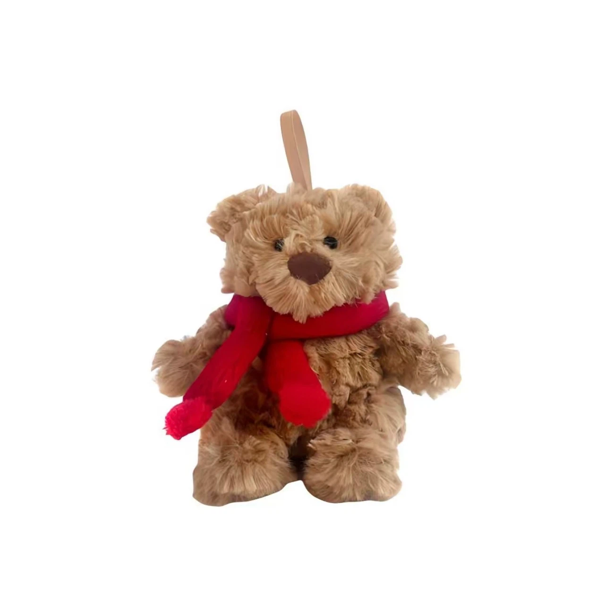 Christmas Teddy Bear Ornament Plush Toy, Small Brown Fluffy Bear Stuffed Doll with Red Scarf, Hanging Decoration Gift for Xmas Tree