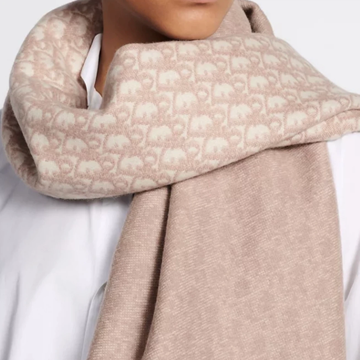 Dusty‑Pink All‑Over Monogram Reversible Fringed Winter Scarf